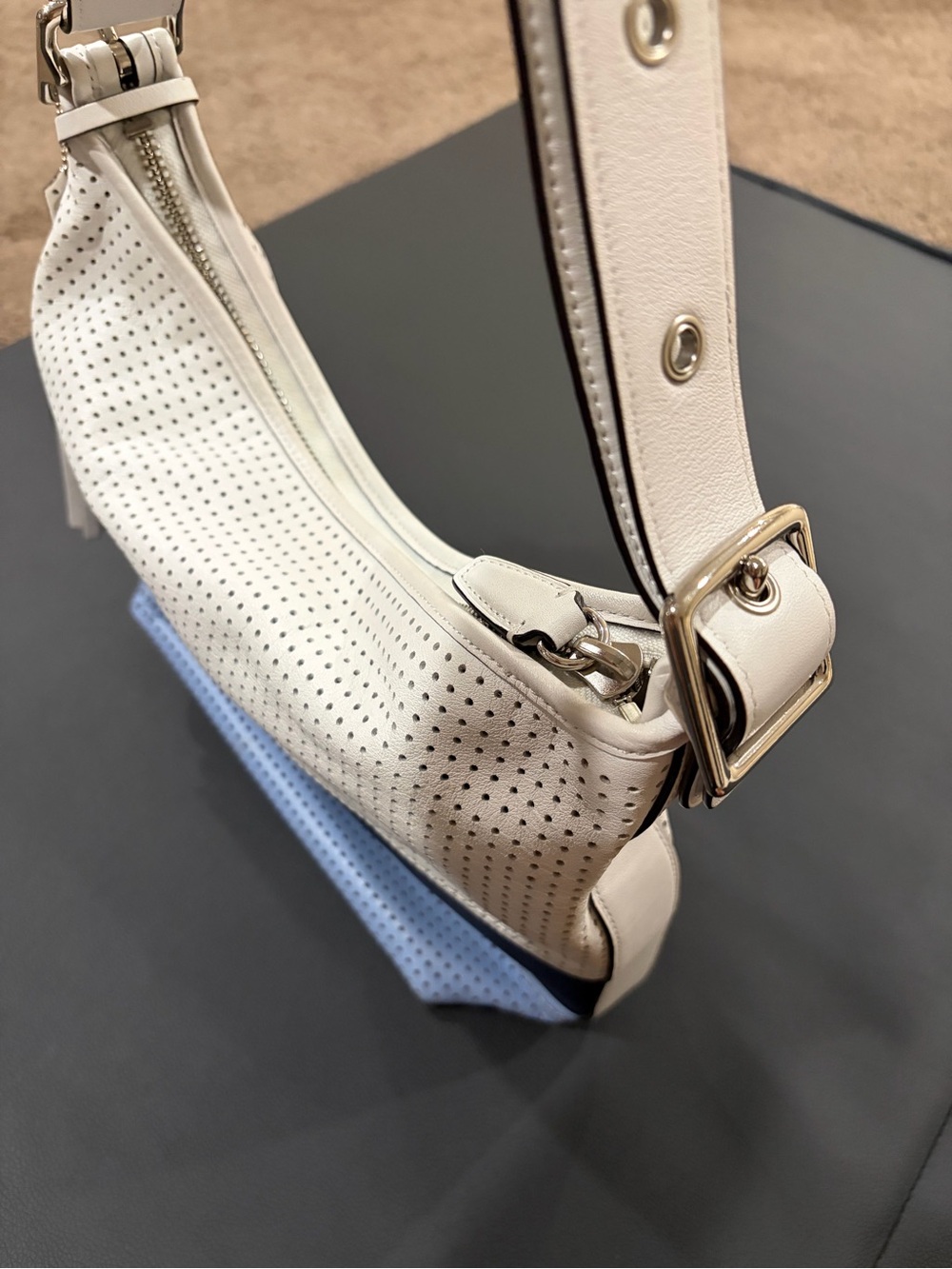 Coach Colorblock Perforated Leather Crossbody Bag in White, Navy and Light Blue - Picture 3 of 5
